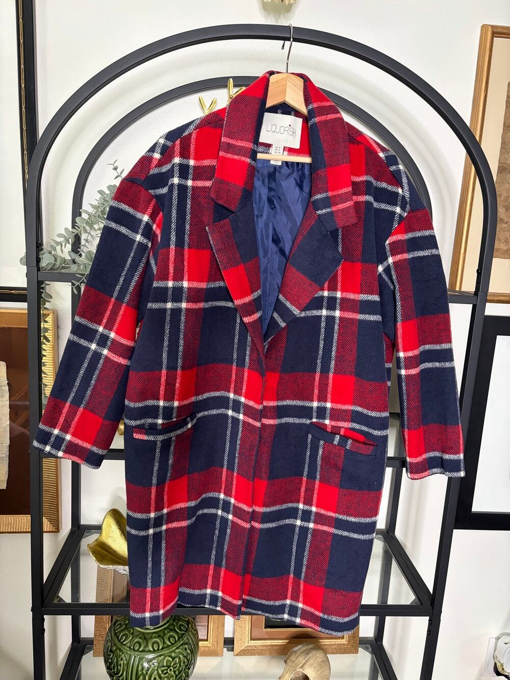 Liquorish Womens US 4 Red Navy Plaid Long Coat Tartan Oversized Boxy ASOS